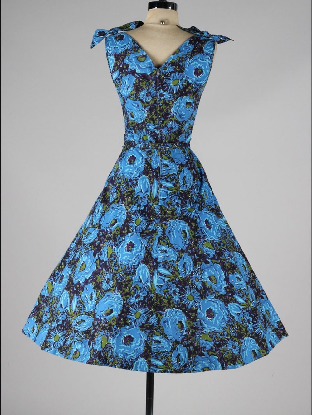 Vintage 1950s Blue Floral A-Line Dress with Tie Straps